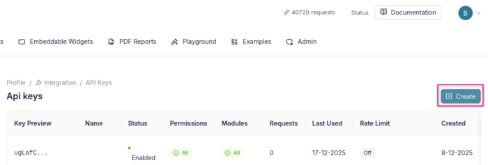 API Keys page header with the Create button